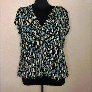 Briggs New York‎ women’s black v-neck  geometric print stretch blouse sz XL